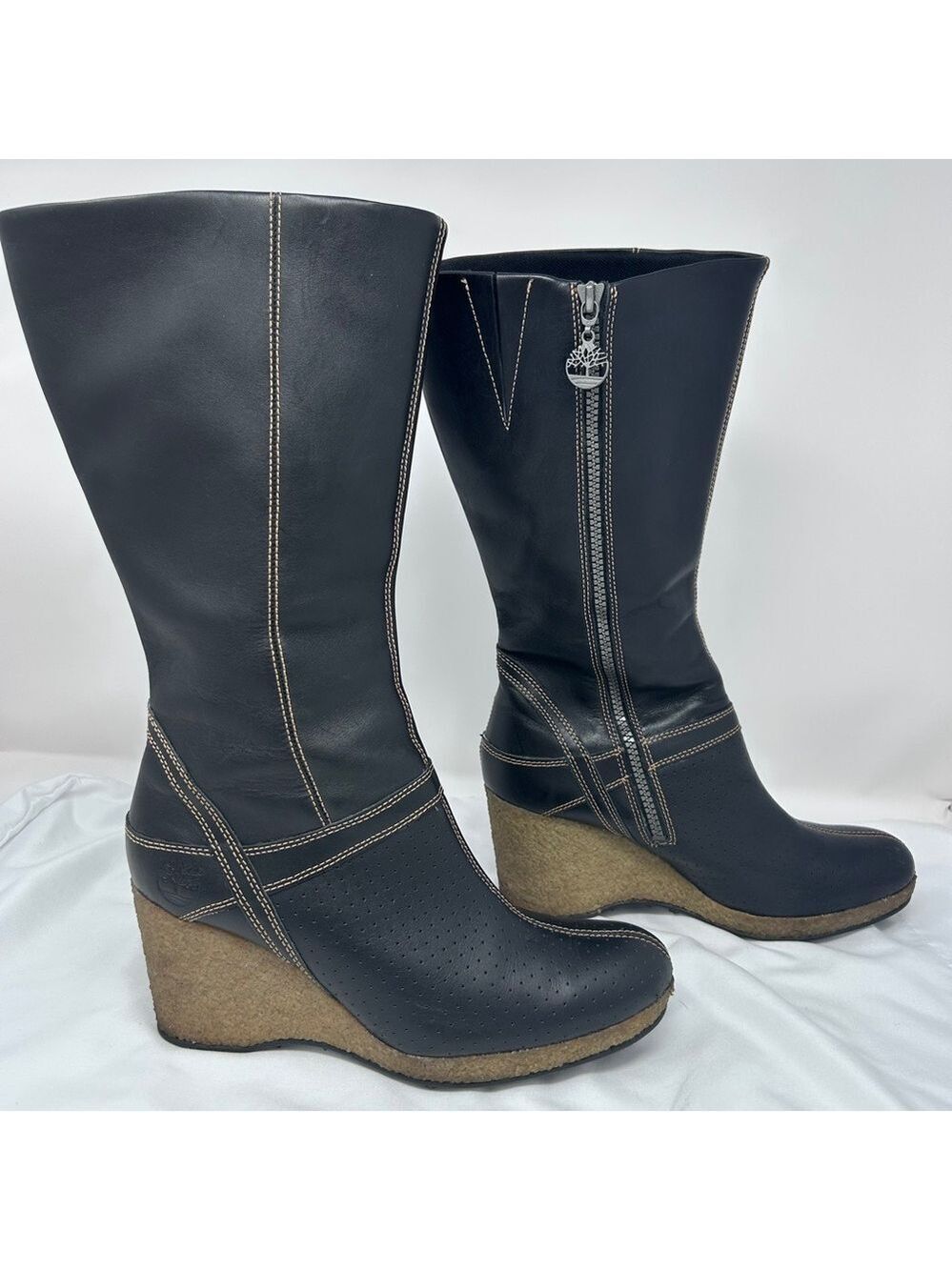 Timberland Brown Leather Wedge Ankle Boots Women’s Size 9M Side Zip 3.5” Heel